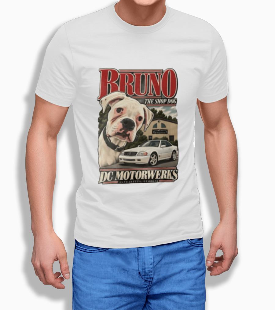 BRUNO THE SHOP DOG DC Motorwerks Alpharetta Georgia Boxer Dog White Car Building T-Shirt