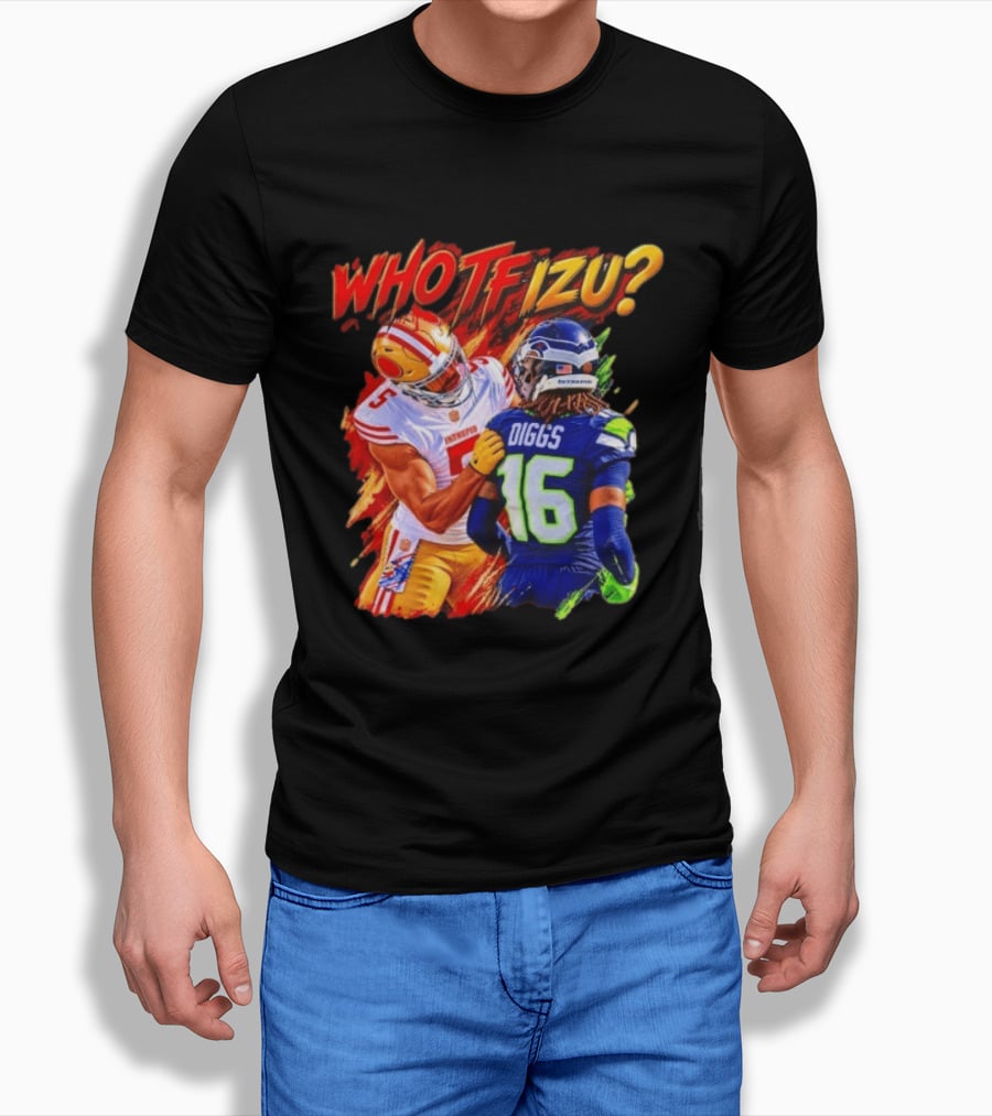 Who TF Izu Diggs 16 Intrepid Football Bootleg NFL Rivalry Red Blue 49ers Seahawks T-Shirt