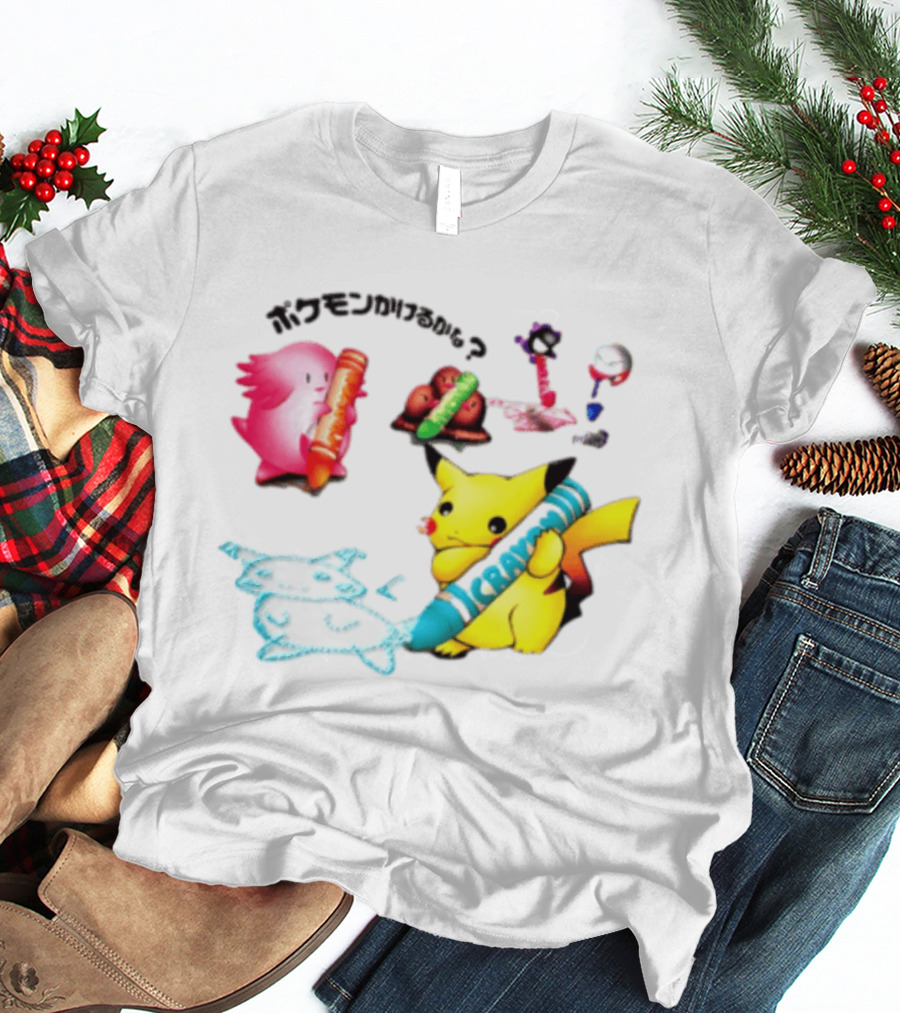 Pikachu Crayon Drawing Pokémon Characters Cartoon Art Japan T-Shirt