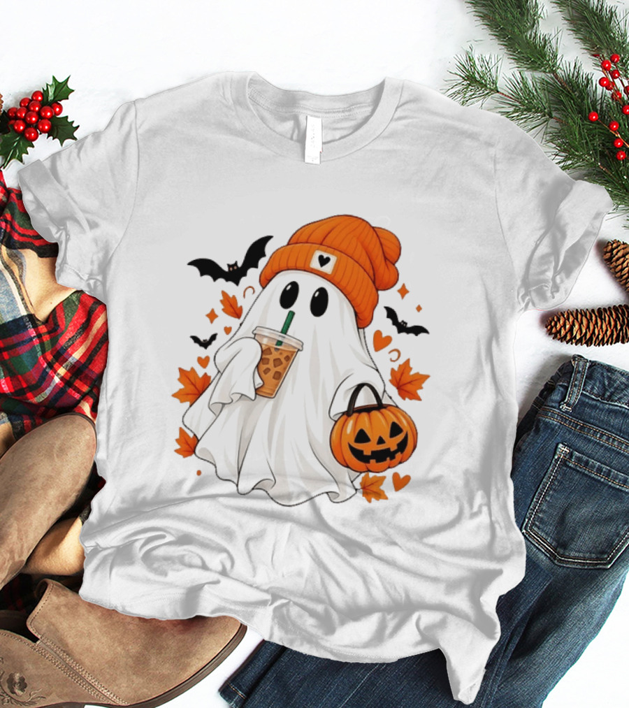 Ghost In Orange Beanie Holding Iced Coffee With Pumpkin Basket And Bat T-Shirt