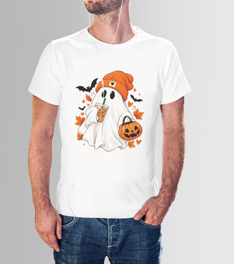 Ghost In Orange Beanie Holding Iced Coffee With Pumpkin Basket And Bat T-Shirt