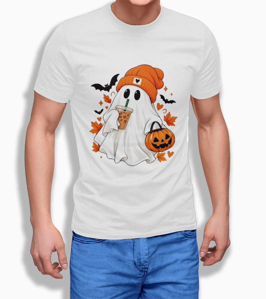 Ghost In Orange Beanie Holding Iced Coffee With Pumpkin Basket And Bat T-Shirt