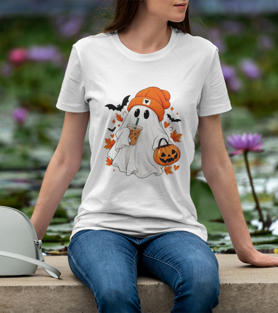 Ghost In Orange Beanie Holding Iced Coffee With Pumpkin Basket And Bat T-Shirt