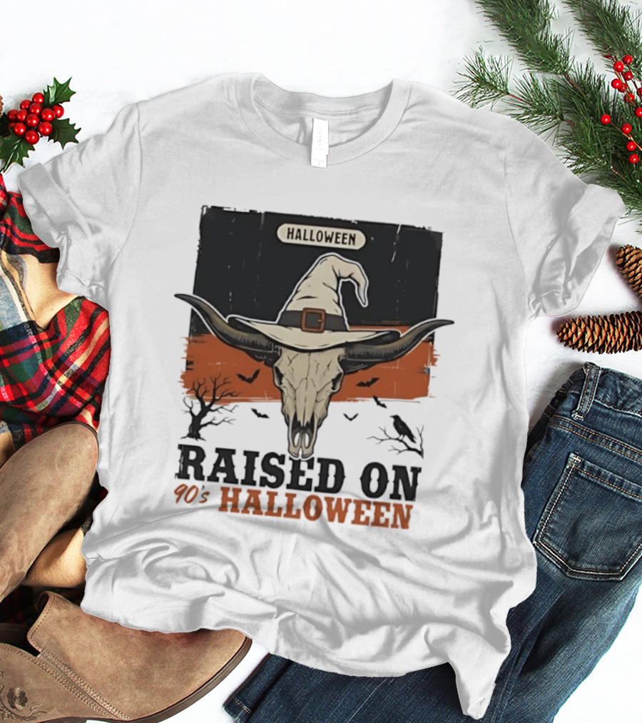 Raised On 90s Halloween Bull Skull With Witch Hat And Spooky Bats T-Shirt