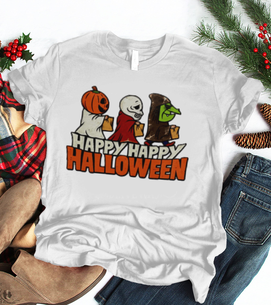 Halloween Happy Happy Halloween Pumpkin Head Skeleton Witch Trick Or Treating T-Shirt
