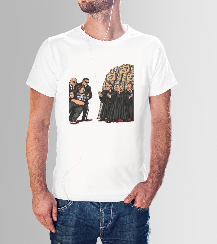 Release The Epstein Files Political Cartoon With Epstein Files Stacks And Judges T-Shirt