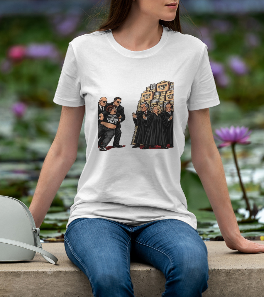 Release The Epstein Files Political Cartoon With Epstein Files Stacks And Judges T-Shirt