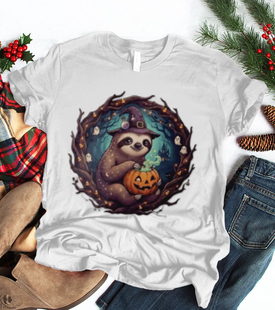 Halloween Sloth Witch Hat Pumpkin Cauldron Spooky Ghosts Forest Scene T-Shirt