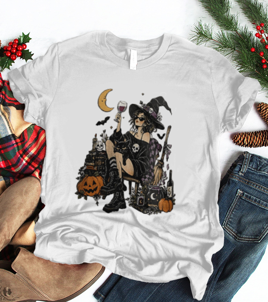 Halloween Witch Hat Sunglasses Wine Glass Black Cat Pumpkin Moon Skull Books T-Shirt