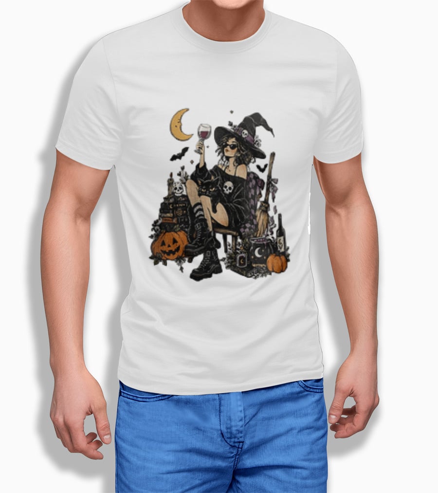 Halloween Witch Hat Sunglasses Wine Glass Black Cat Pumpkin Moon Skull Books T-Shirt