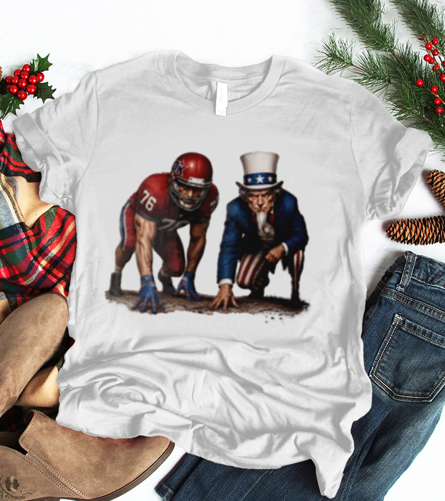 Uncle Sam And American Football Player Number 76 Crouching On Field T-Shirt