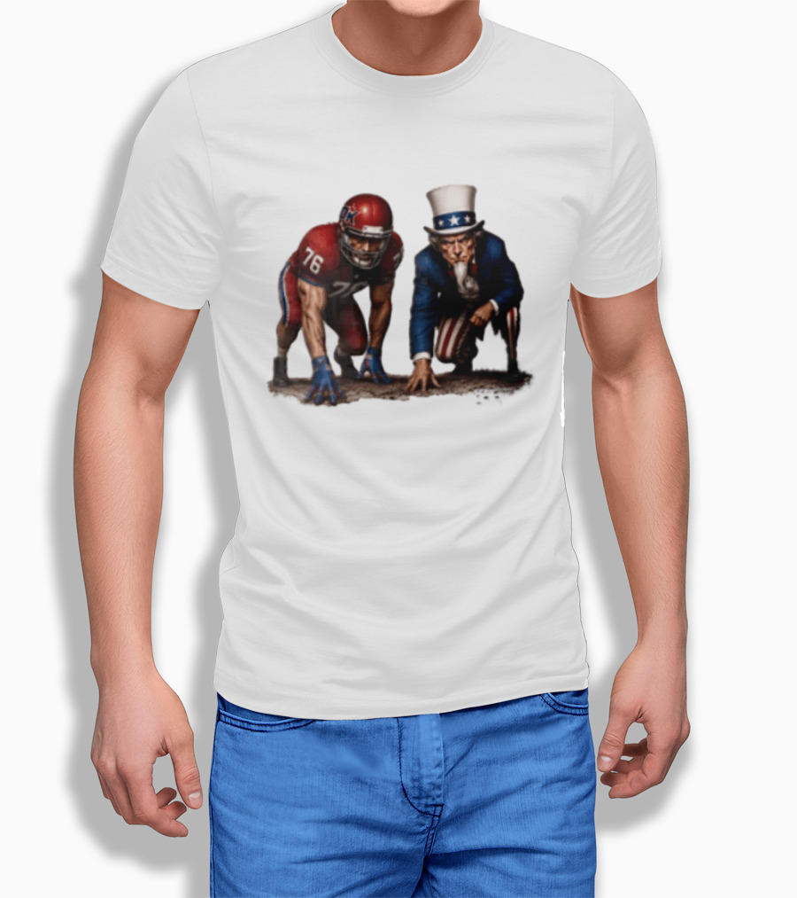 Uncle Sam And American Football Player Number 76 Crouching On Field T-Shirt