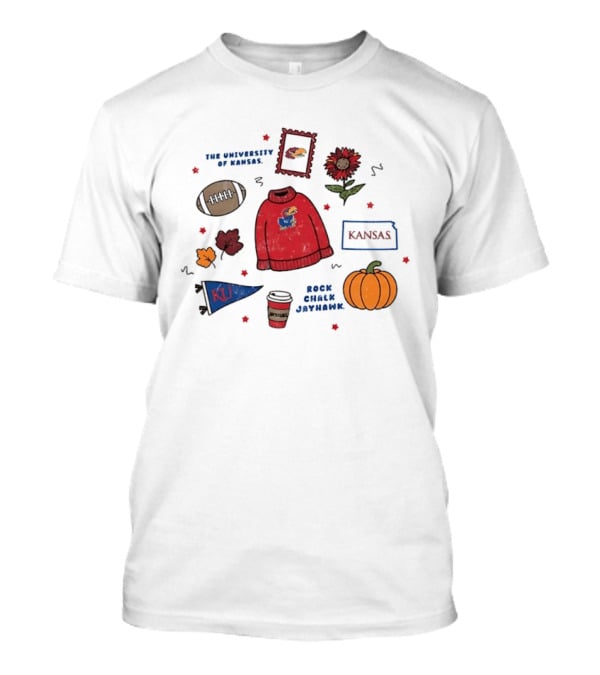 University Of Kansas Rock Chalk Jayhawk Football Fall Leaves Pumpkin KU Flag T-Shirt