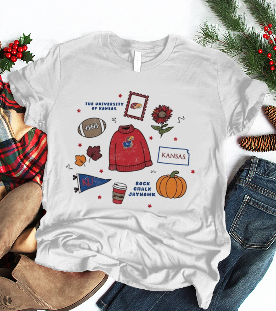 University Of Kansas Rock Chalk Jayhawk Football Fall Leaves Pumpkin KU Flag T-Shirt