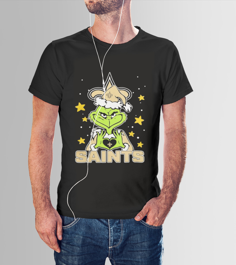 New Orleans Saints Grinch Heart Hands Christmas Holiday 2026 T-Shirt