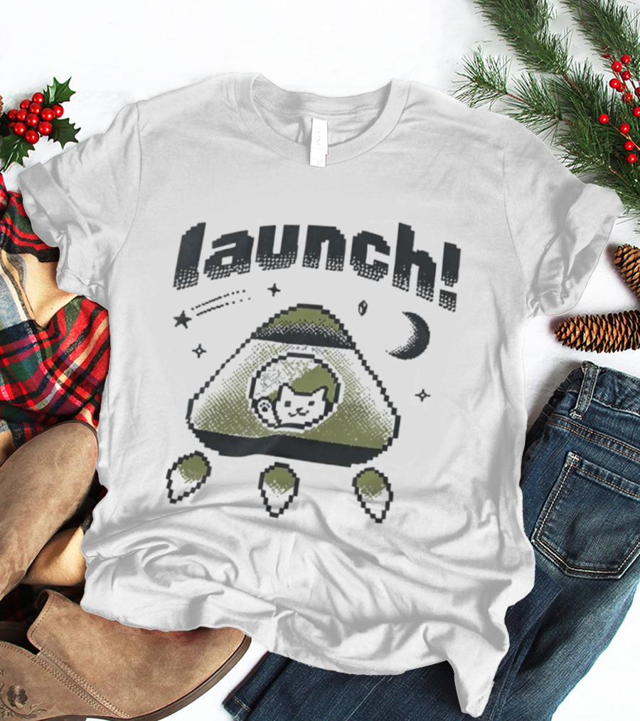 Launch MagicPod Cat Spaceship Pixel Art Collaboration Vibe Coders T-Shirt