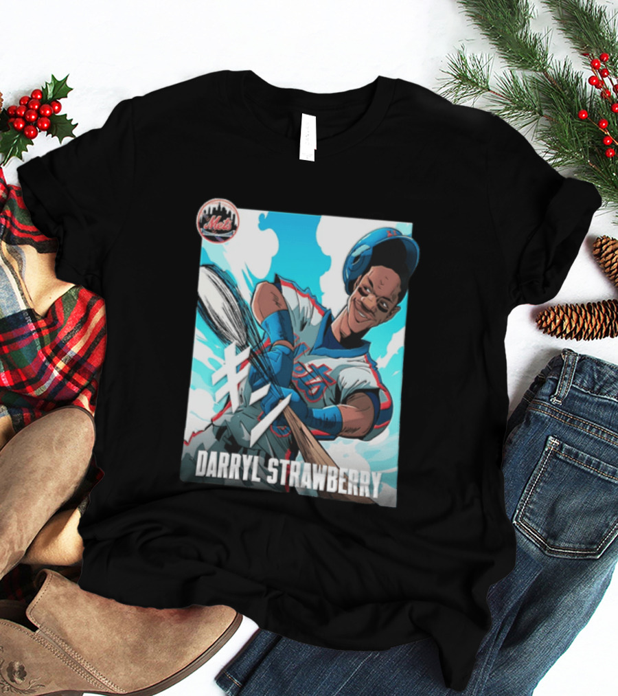 Darryl Strawberry New York Mets MLB Baseball Player Swinging Bat Cartoon T-Shirt