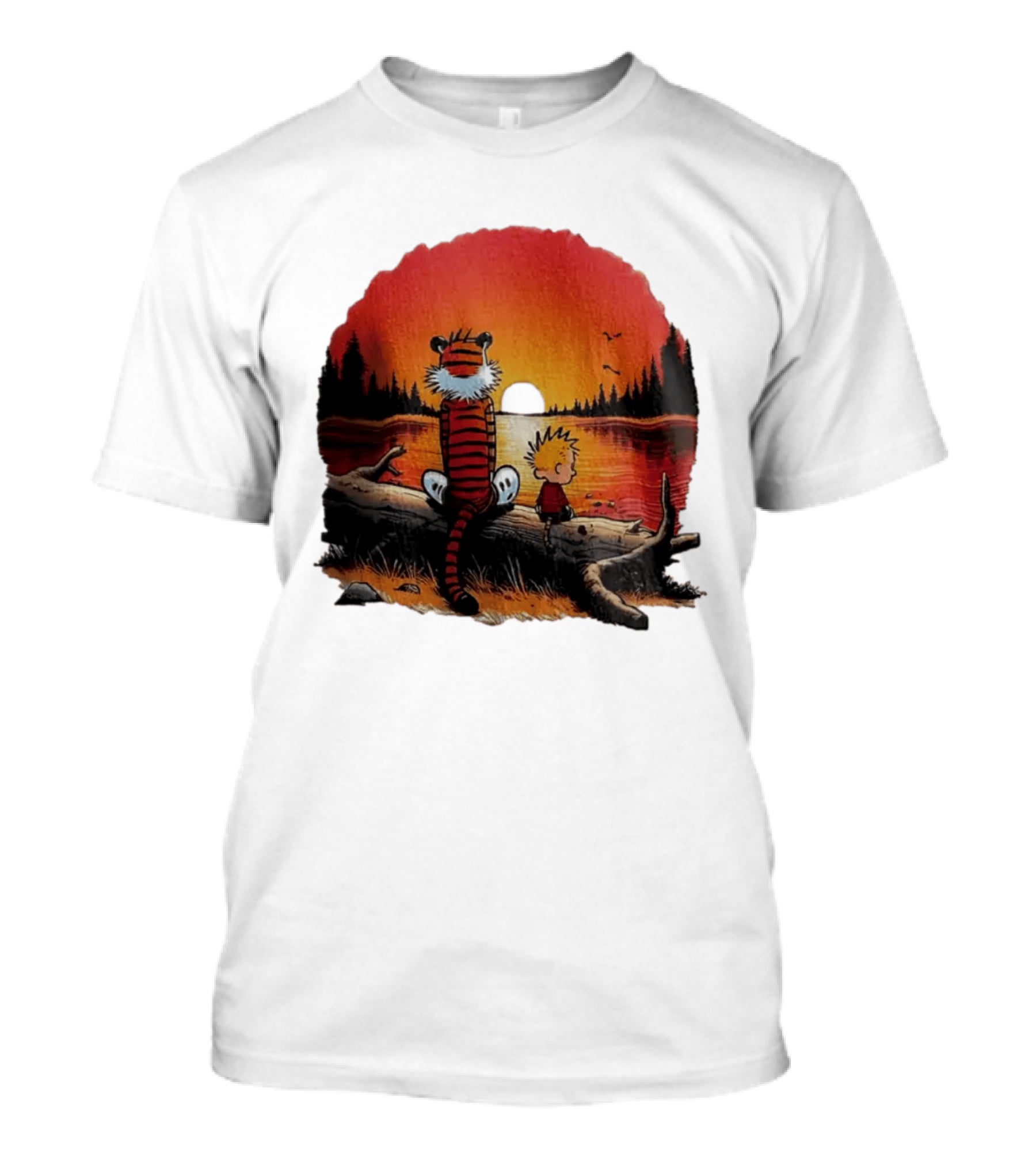 Calvin And Hobbes Log Sunset Lake Scene T-Shirt