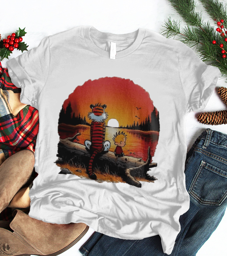 Calvin And Hobbes Log Sunset Lake Scene T-Shirt