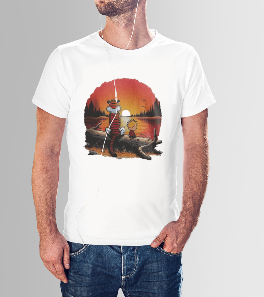 Calvin And Hobbes Log Sunset Lake Scene T-Shirt