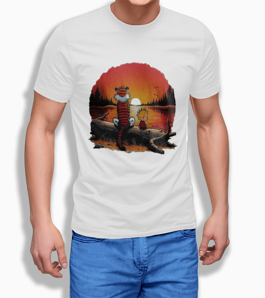 Calvin And Hobbes Log Sunset Lake Scene T-Shirt