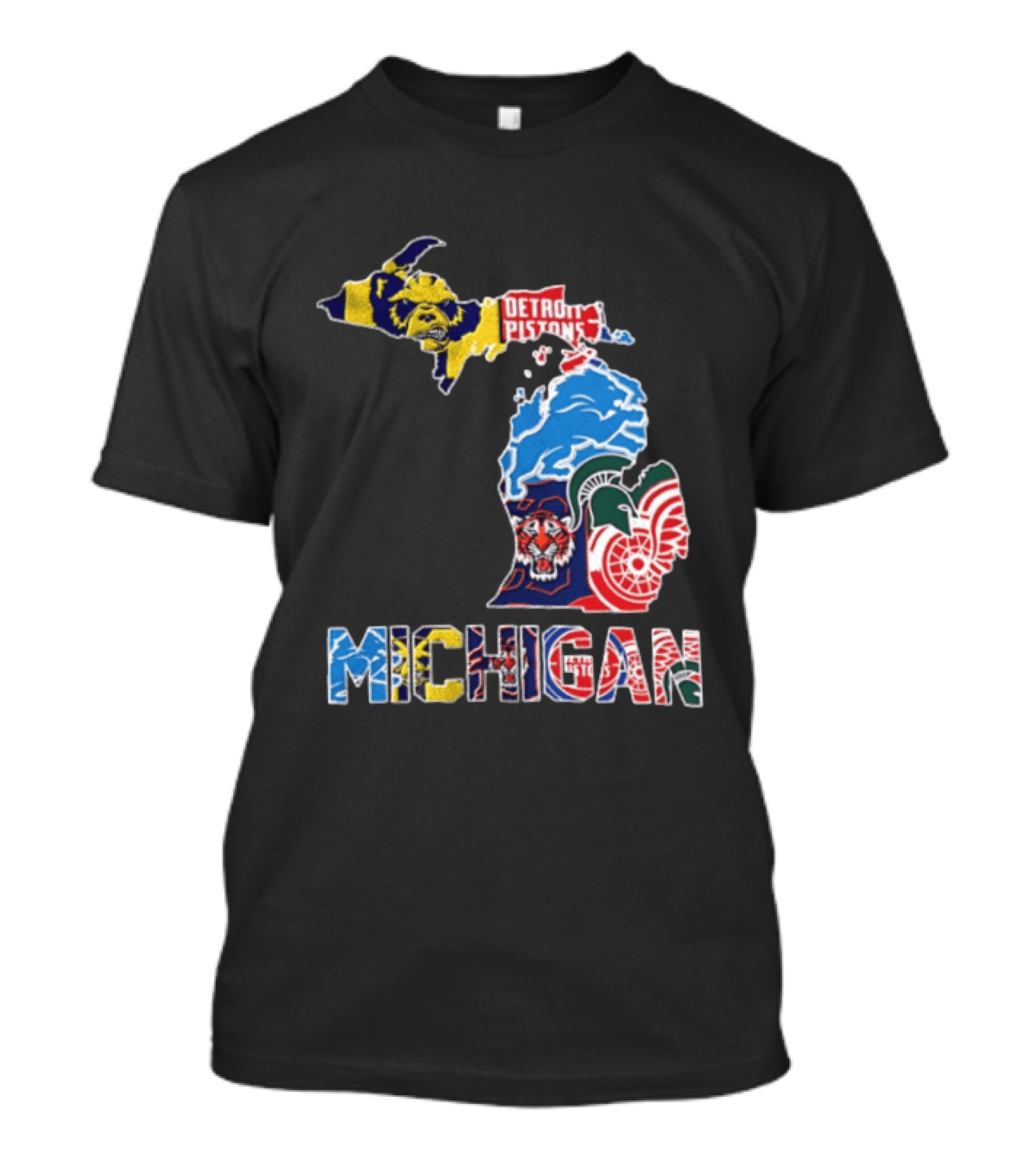 Detroit Pistons Lions Tigers Red Wings Michigan State Spartans Michigan Map T-Shirt