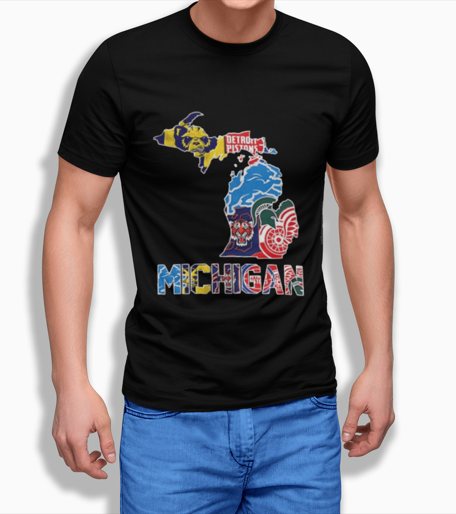 Detroit Pistons Lions Tigers Red Wings Michigan State Spartans Michigan Map T-Shirt