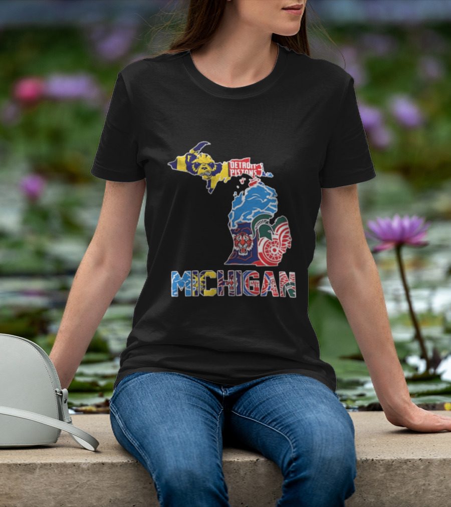 Detroit Pistons Lions Tigers Red Wings Michigan State Spartans Michigan Map T-Shirt