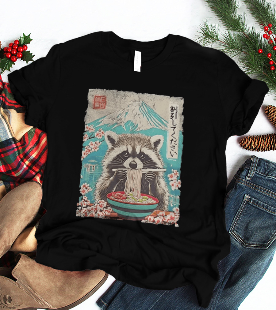 Raccoon Eating Ramen With Mount Fuji Japanese Cherry Blossoms T-Shirt