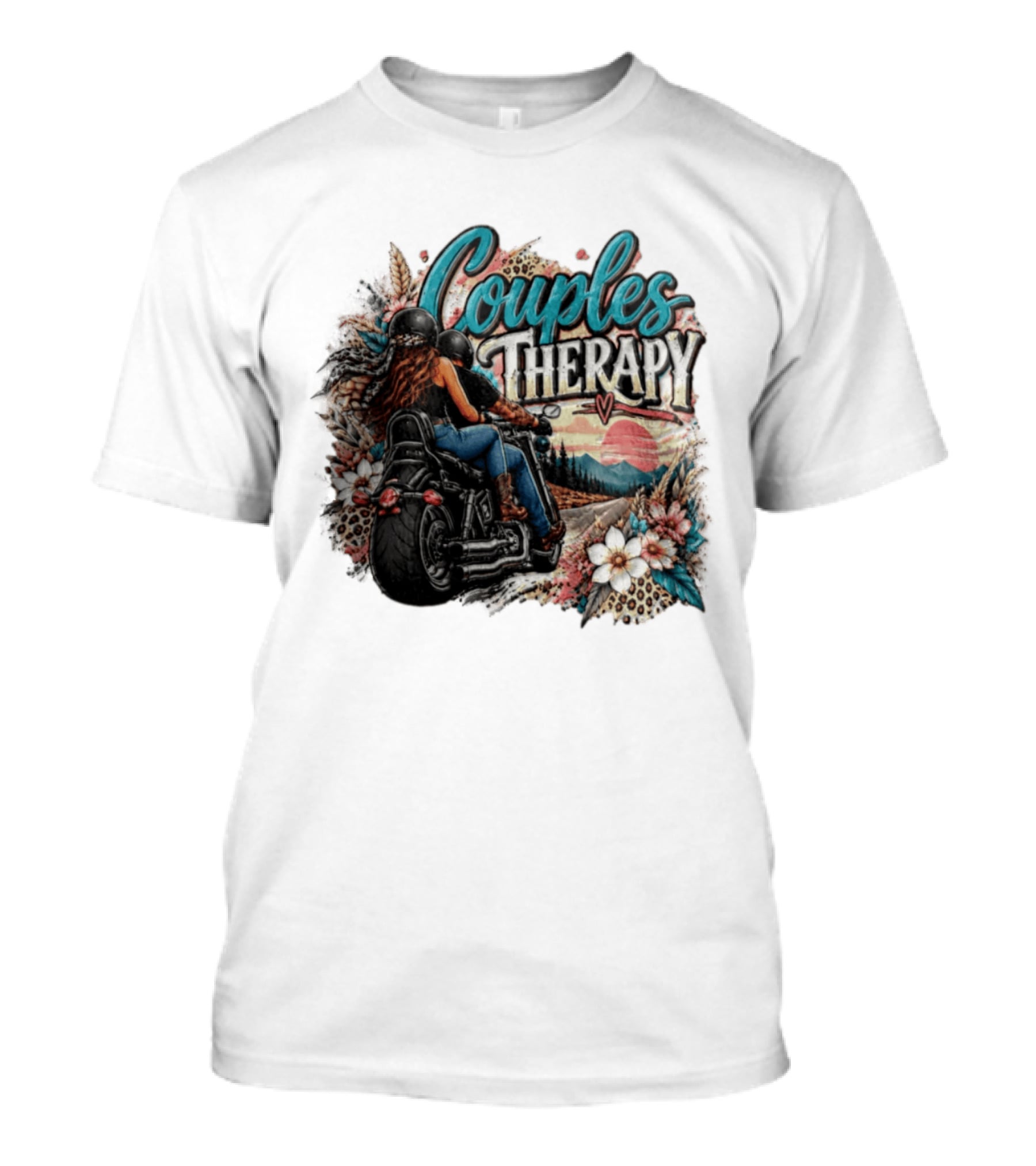 Couples Therapy Motorcycle Sunset Flowers Adventure T-Shirt
