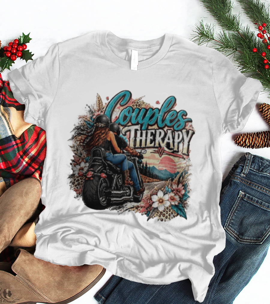 Couples Therapy Motorcycle Sunset Flowers Adventure T-Shirt