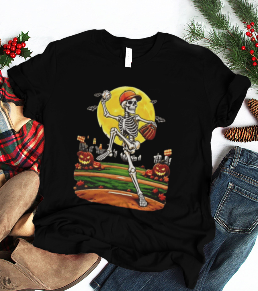 Skeleton Baseball Pitcher Halloween Full Moon Pumpkin Graveyard Scene T-Shirt