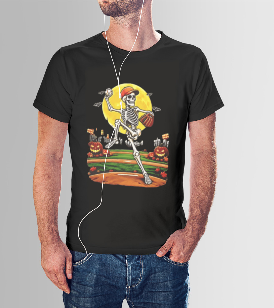 Skeleton Baseball Pitcher Halloween Full Moon Pumpkin Graveyard Scene T-Shirt