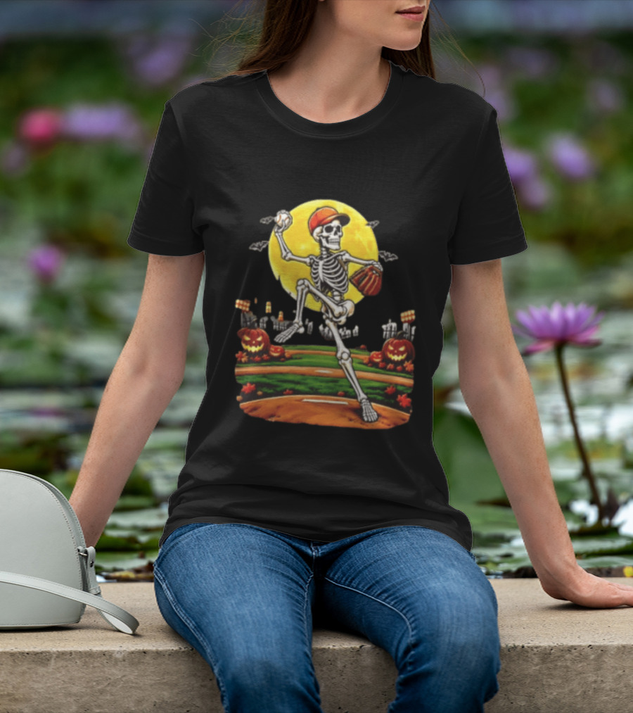 Skeleton Baseball Pitcher Halloween Full Moon Pumpkin Graveyard Scene T-Shirt