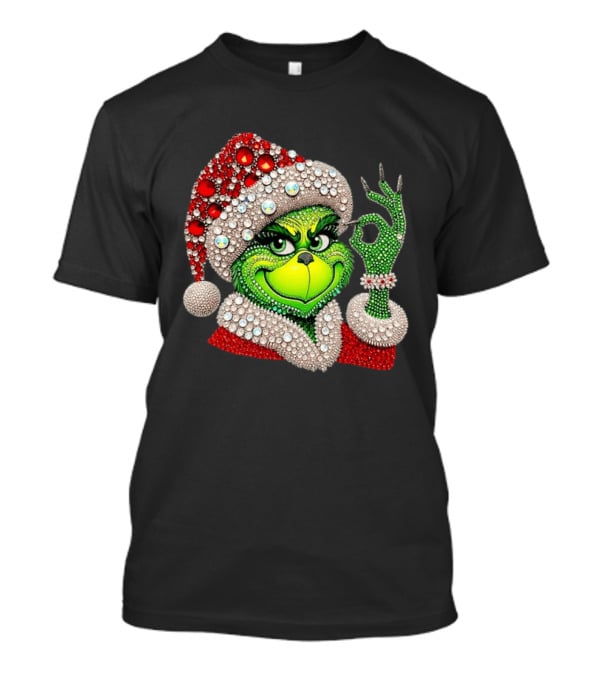 The Grinch Rhinestone Christmas Santa Hat Green Face With Jewels T-Shirt