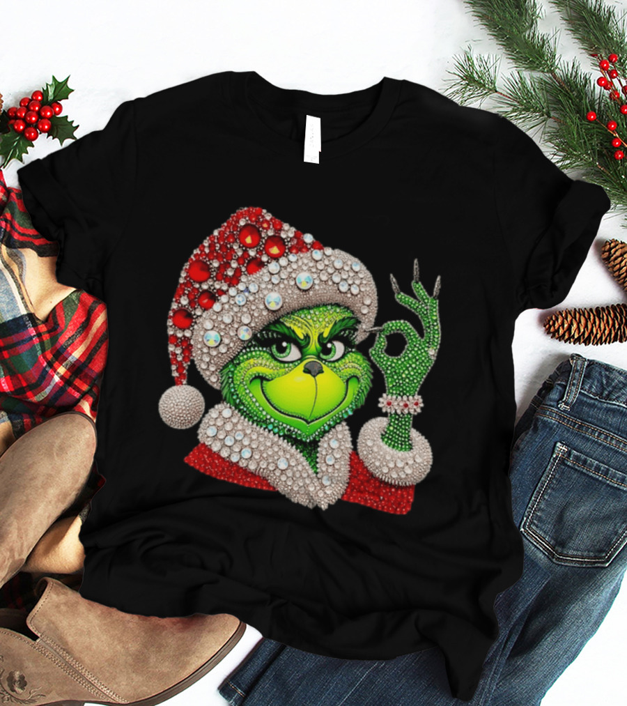 The Grinch Rhinestone Christmas Santa Hat Green Face With Jewels T-Shirt