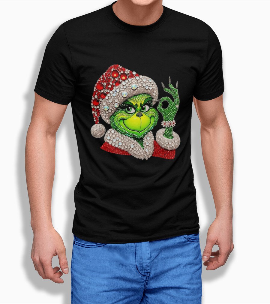 The Grinch Rhinestone Christmas Santa Hat Green Face With Jewels T-Shirt
