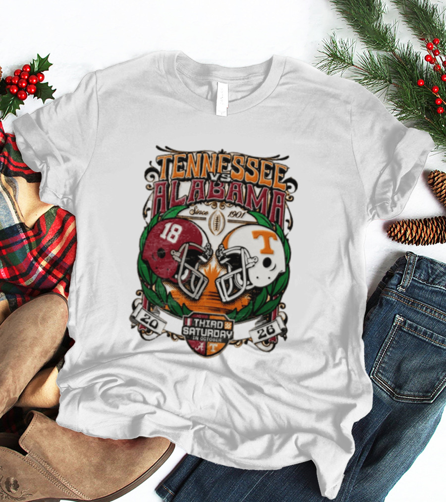 Tennessee Vs Alabama Football Rivalry Third Saturday October 2026 Helmets Since 1901 T-Shirt