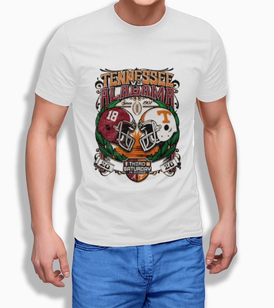 Tennessee Vs Alabama Football Rivalry Third Saturday October 2026 Helmets Since 1901 T-Shirt