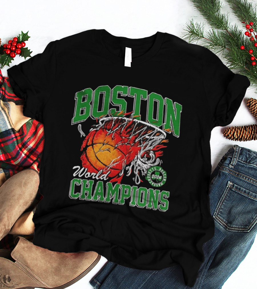Boston Celtics World Champions 2024 Flaming Basketball T-Shirt