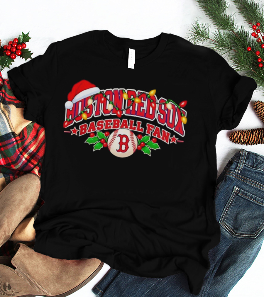 Boston Red Sox Baseball Fan Christmas Lights Santa Hat T-Shirt