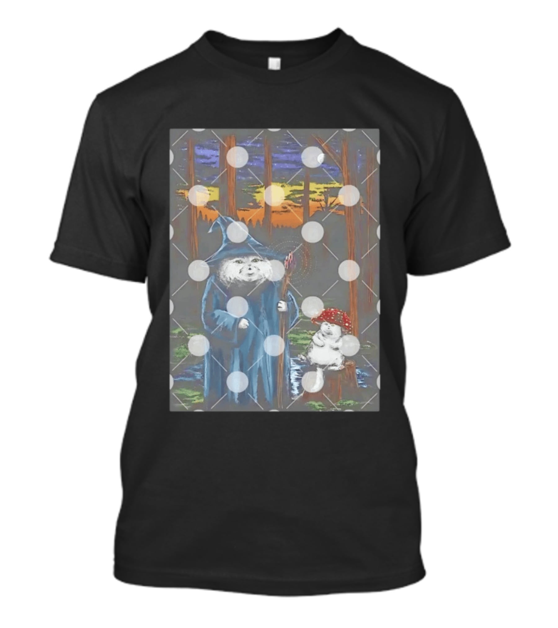 Wizard Cat With Mushroom Friend In Enchanted Forest Sunset T-Shirt