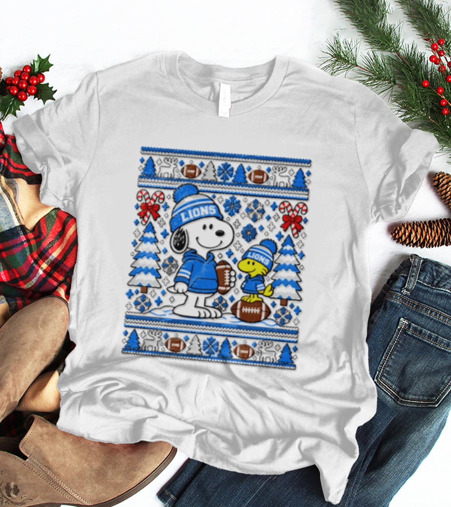 Detroit Lions Snoopy Woodstock Christmas Sweater Peanuts NFL Football Blue Holiday T-Shirt