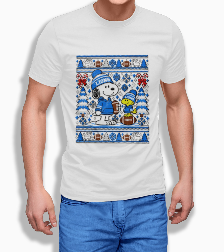 Detroit Lions Snoopy Woodstock Christmas Sweater Peanuts NFL Football Blue Holiday T-Shirt