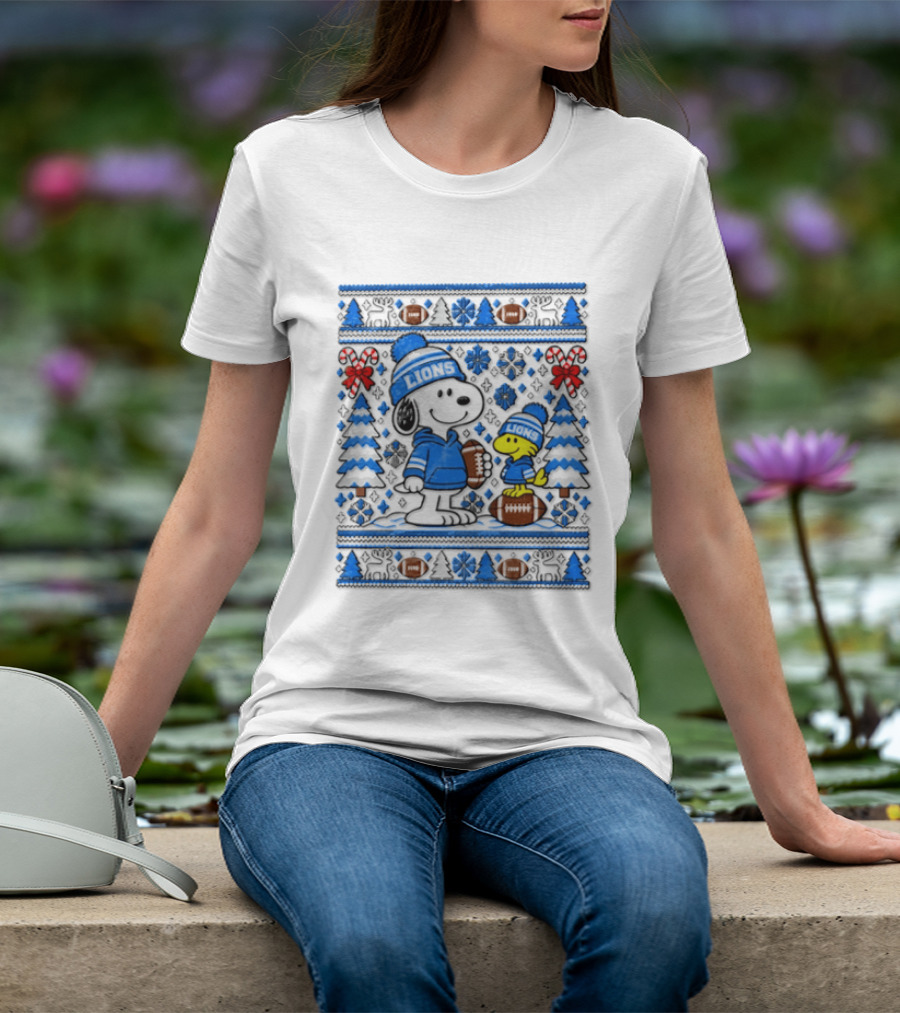 Detroit Lions Snoopy Woodstock Christmas Sweater Peanuts NFL Football Blue Holiday T-Shirt