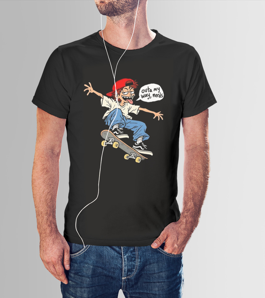 Outa My Way Nerds Skater Cartoon Tongue Out Red Cap Blue Pants White T-Shirt