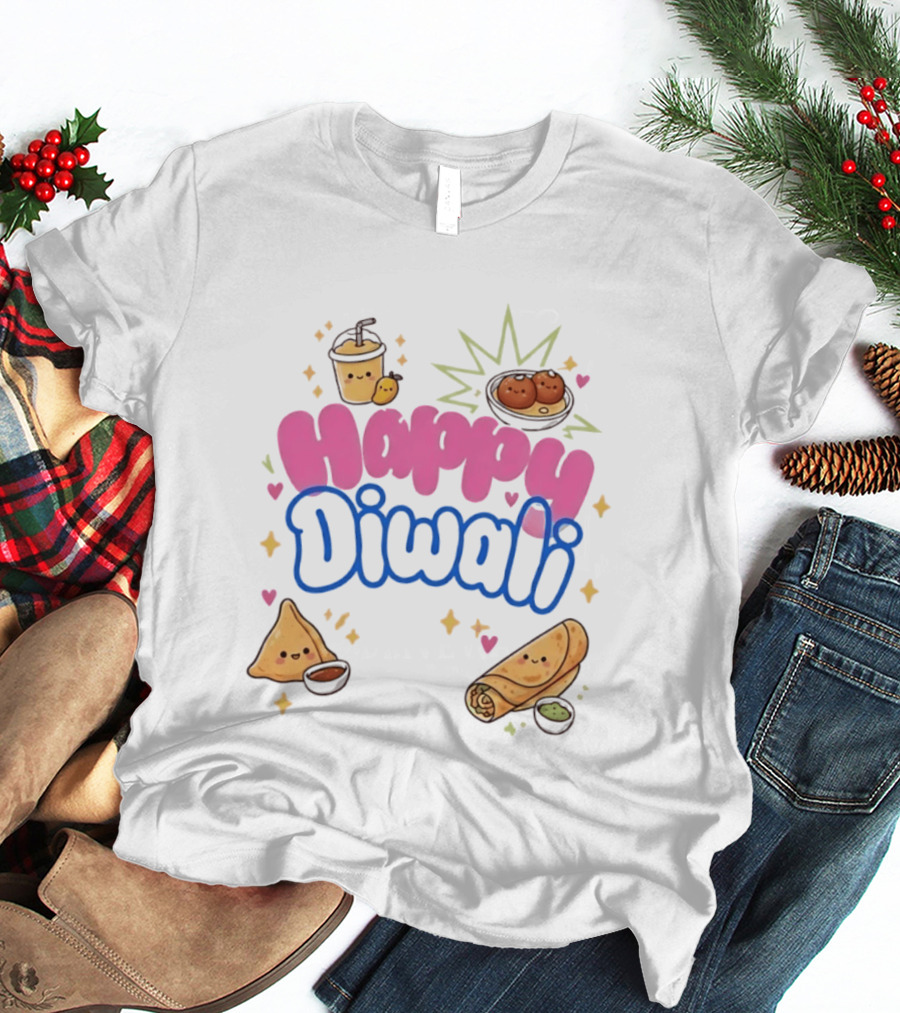 Happy Diwali Kawaii Food Festival Of Lights Celebration With Samosa And Gulab Jamun T-Shirt