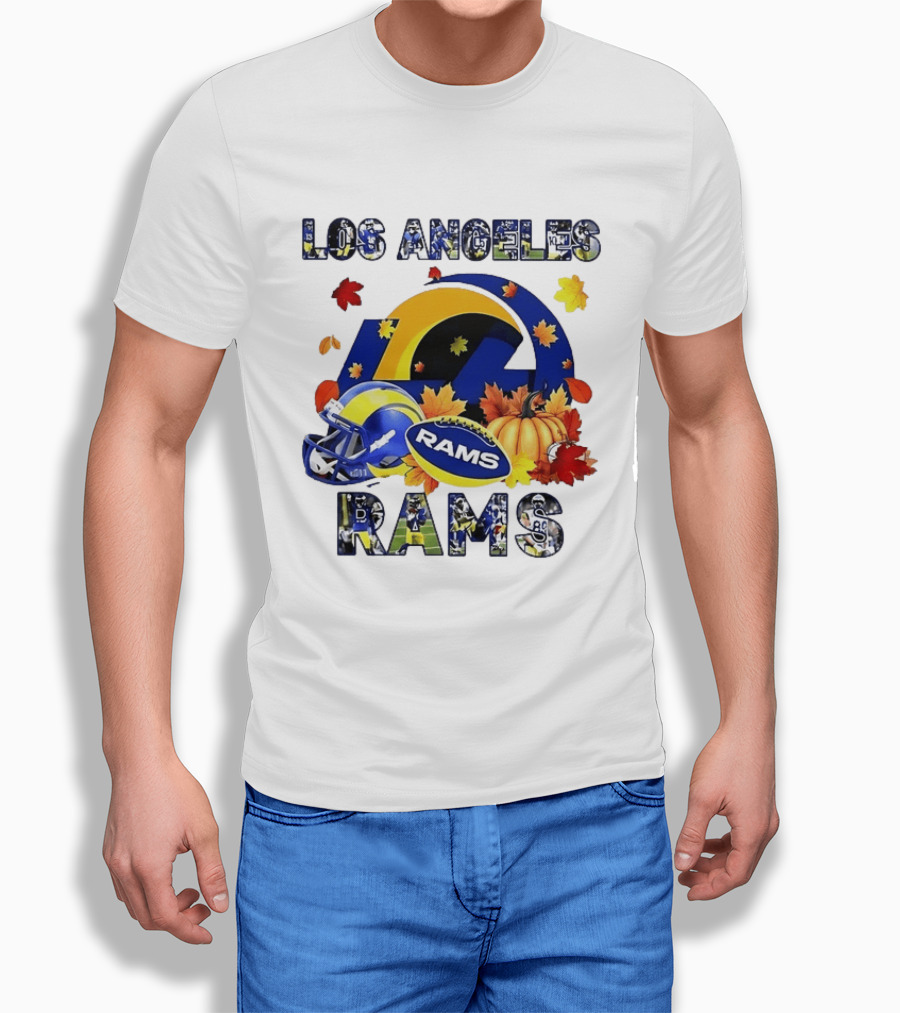 Los Angeles Rams Halloween Fall Football With Leaves And Pumpkin T-Shirt