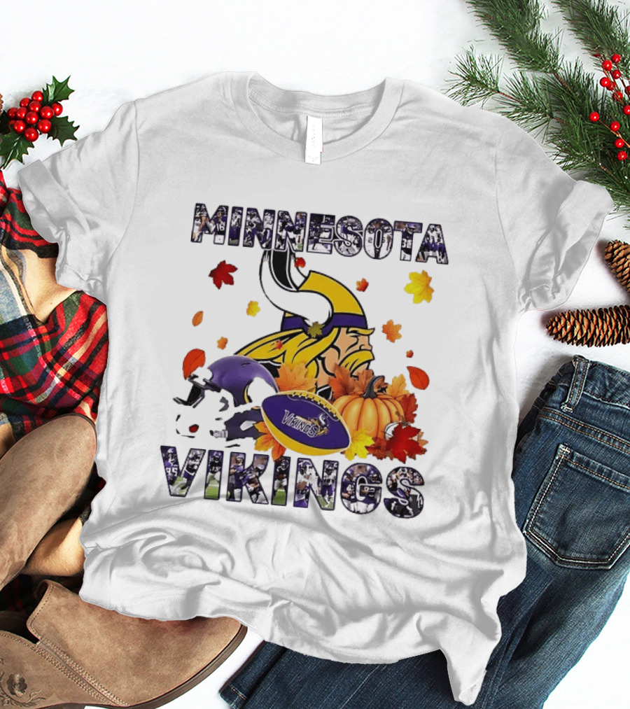 Minnesota Vikings Autumn Football Halloween Leaves Pumpkin T-Shirt