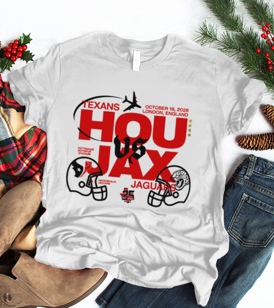Texans Vs Jaguars London October 2023 NFL Matchup HOU JAX Helmets And Airplane T-Shirt